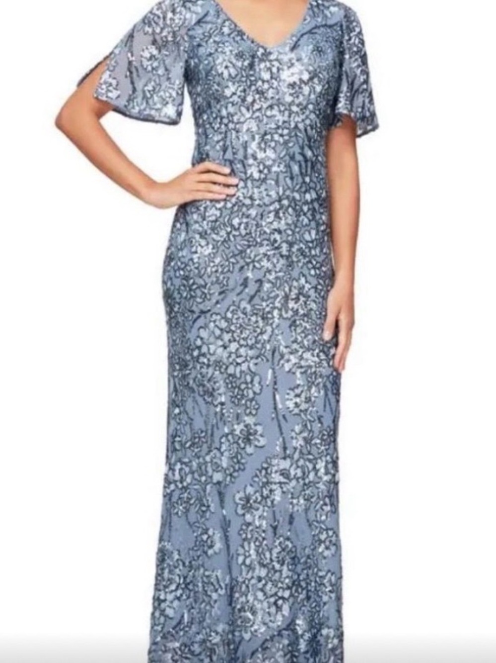 Alex Evenings Sky Blue Sequin Lace Maxi Dress